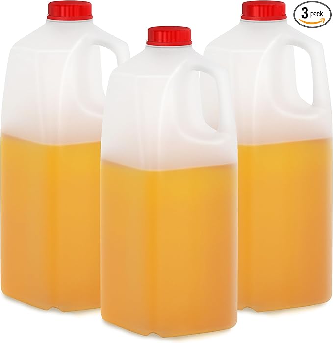 KitchenDine Plastic Milk Bottles, 64 Oz HDPE Material, Juice Bottle with Red Tamper-Evident Caps, Set of 3, Clear bottle with Red cover - half gallon jug