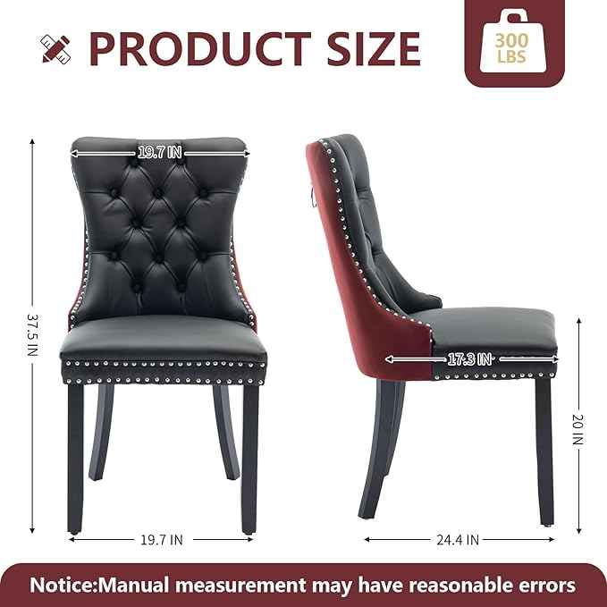Dining Chairs Set of 6, Upholstered Dining Room Chairs with Back Ring Pull Trim and Solid Wood Legs, Modern Tufted Kitchen Chairs Perfect for Dining Room, Black Pu Leather Splicing WineRed Velvet