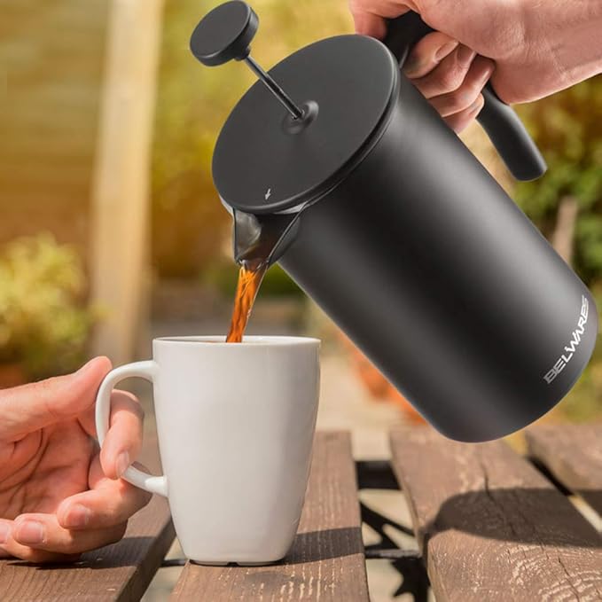 Belwares French Press Coffee Maker 34 Oz - Insulated Coffee Press Stainless Steel 304 - Double Wall & 4 Level Filtration System (1 Liter) - Black