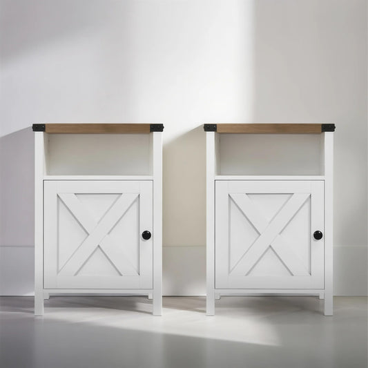 Catrimown Farmhouse End Table, Nightstand Set of 2, Rustic Night Stand with Barn Door and Storage Shelf, White End Table, Side Table for Bedroom Living Room, White