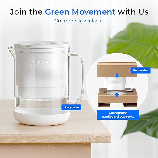 Waterdrop PT-72W Glass Water Filter Pitcher, 7-Cup, Eco-Friendly, NSF/ANSI 53, 42 & 372 Certified Filter, Reduces PFOA/PFOS, Chlorine, Cadmium, Copper & Mercury, BPA-Free, Easy to Clean, White