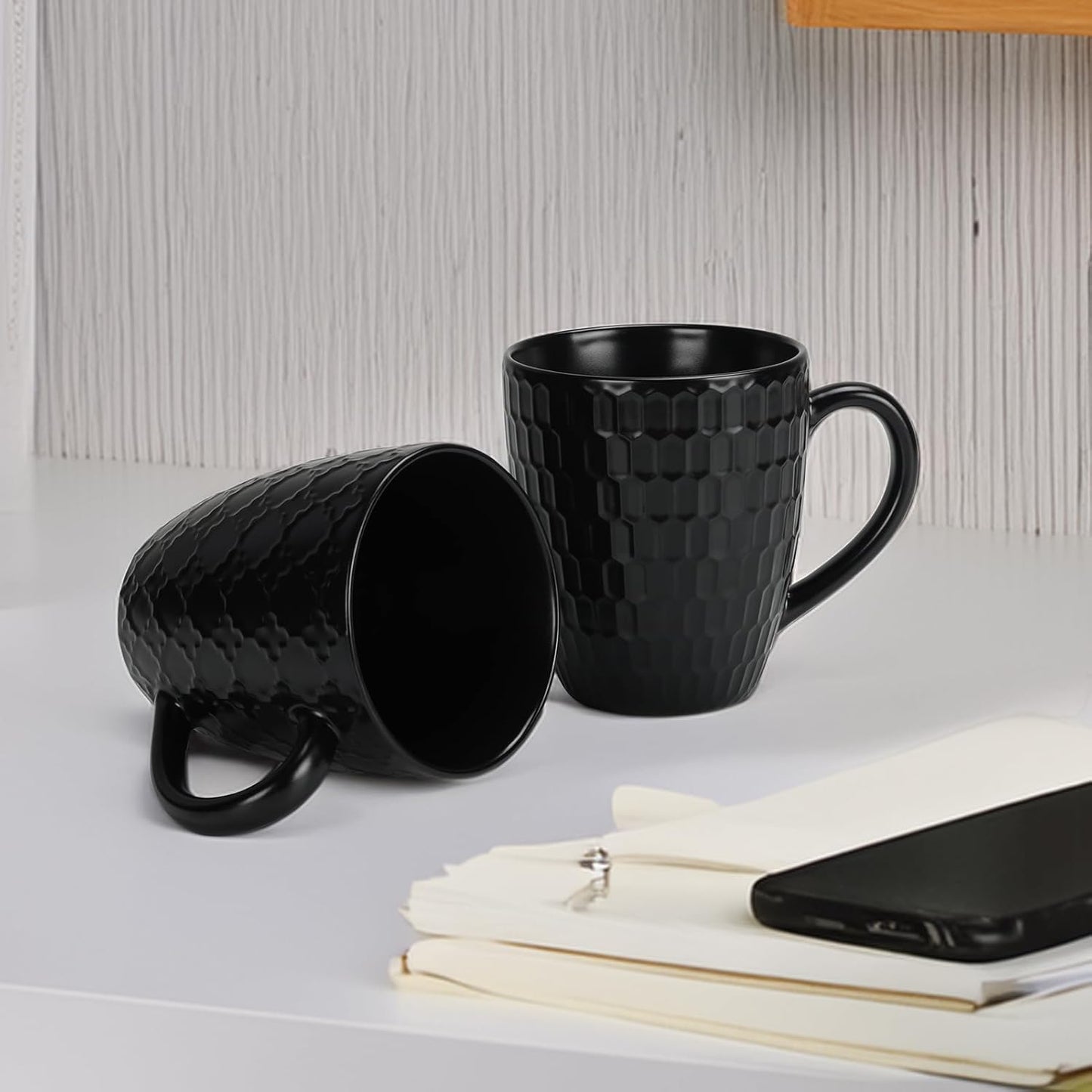 Schliersee 16 OZ Black Coffee Mugs Set of 6, Geometric Pattern Porcelain Coffee Cups for Latte, Hot Tea, Cappuccino, Mocha, Cocoa, Espresso cups, 500ML