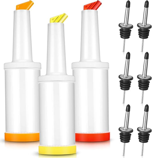 Chengu Fruit Juice Pour Bottles 34 oz Plastic Liquor Bar Supplies with Stainless Steel Bottle Pourer Tapered Spout for Cocktail Bartending Liquor Juice Store(Bright Colors,3 Pack)