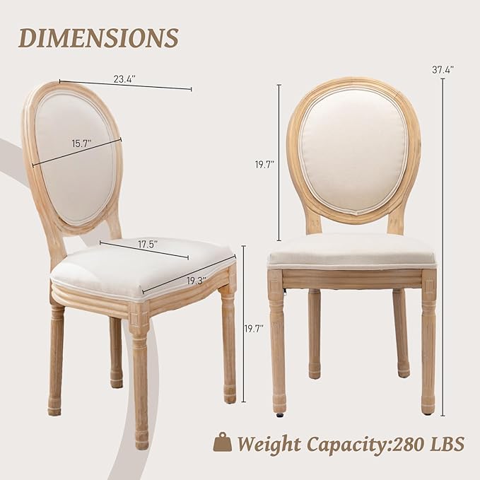 French Country Dining Chairs Set of 2,Farmhouse Upholstered Dining Room Chairs with Round Back and Solid Leg,Fabric Kitchen Side Chairs for Kitchen/Bedroom/Dining Room,Beige