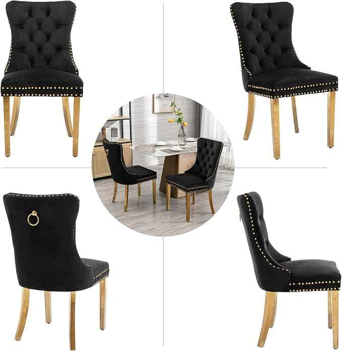Black Dining Chairs Set of 2, Velvet Upholstered Dining Room Chairs with Back Ring Pull Trim and Golden Stainless Steel Legs, Tufted Wingback Chair Perfect for Dining Room,Kitchen(Black)