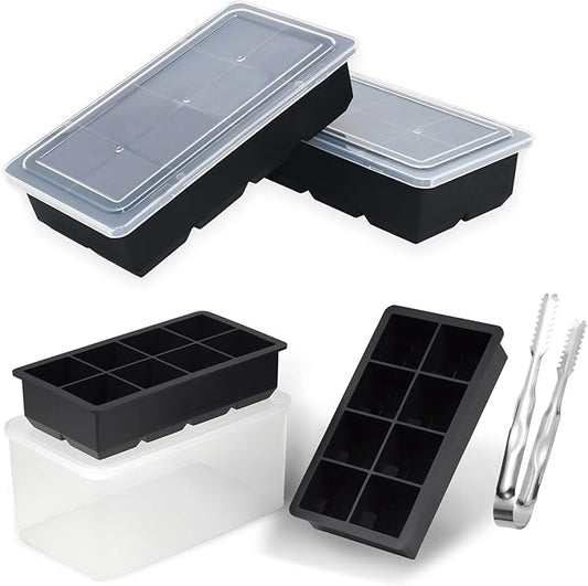Bangp Large Ice Cube Trays Set(4 Large Silicone Ice Trays,2 Lids,Ice Bin&Tongs),Large Ice Tray Molds for Making 32 Giant Ice Cubes for Whiskey