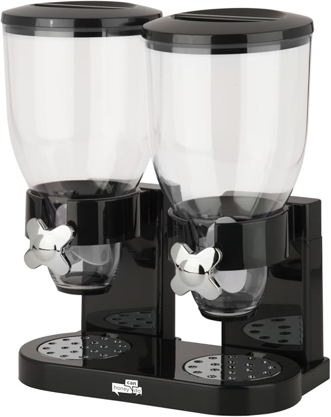Honey-Can-Do Zevro Essential Dual-Control Dry Food Dispenser – Effortless & Organized Storage for Cereal, Dog Food, or Snack Dispenser for All Kinds of Treats, 17.5 oz Each Capacity, Black/Chrome