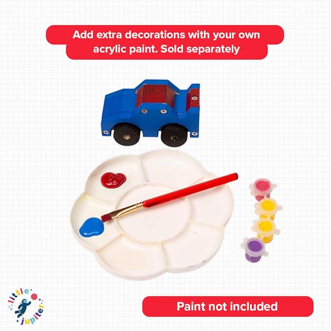 Little Jupiter DIY Wooden Kits w/Stickers - Kids Building Kit - Stem Toys for Ages 4-7 - Wood Crafts for Kids - Woodworking Kits (Monster Truck 1 & Race Car)