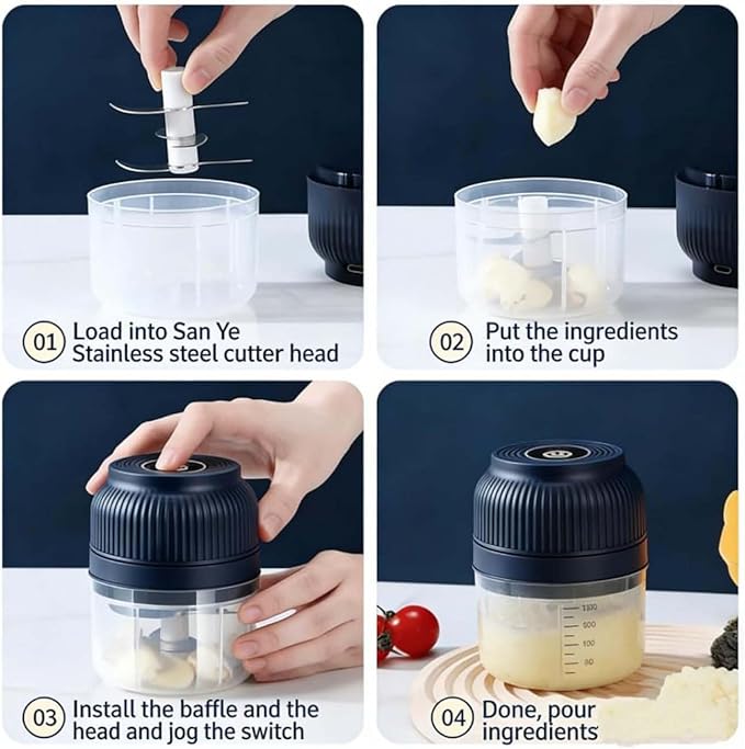 Electric Garlic Chopper, Mini Portable Veggie Cutter with 4/6 Stainless Steel Blades, Portable Wireless Rechargeable Mini Electric Garlic Food Chopper for Garlic, Onion, Chili, Nuts (2PCS-C,250ML)