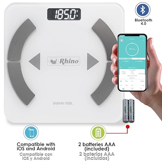 RHINO Smart Scale for Body Weight, High Precision, Bluetooth, Fitdays App, iOS and Android, Bathroom Wireless Machine for Fat, Muscle, BMI, 14 Body Indicators, 400lb (White)