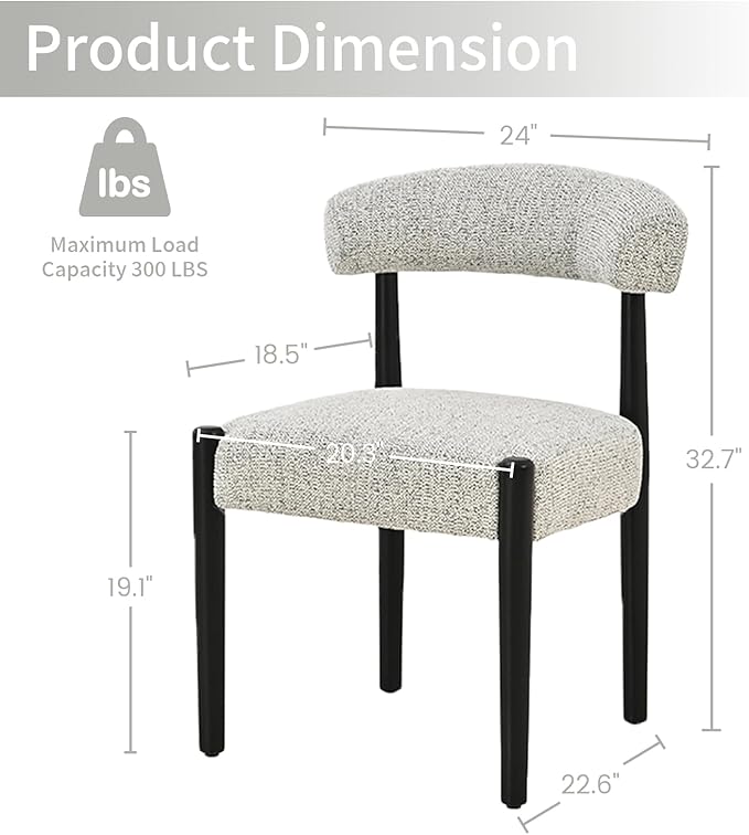 VKNOW Wooden Dining Chairs Set of 4, Modern Upholstered Dining Room Chairs with Black Rubberwood Legs and Curved Backrest, Fabric Kitchen Chairs for Dining Room, Heathered Off-White(Black Legs)