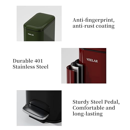Slim Bathroom Trash Can with Lid, 1.6 Gallon / 6 Liter Stainless Steel Trash Bin, Step Pedal Garbage Cans for Bedroom, Kitchen, Office (Black)