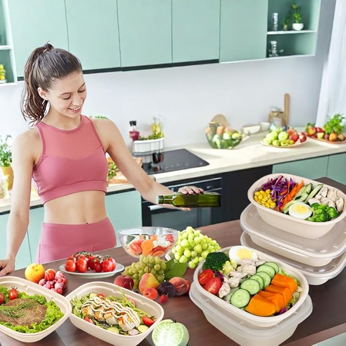 Aksipo 50 Pack 44 Oz Disposable Food Containers with Lids, Compostable Meal Prep Containers with Lids, Leak-proof To Go Food Box Cardboard Take Out Lunch Box Rectangle Paper Bowls for Salad,Leftovers