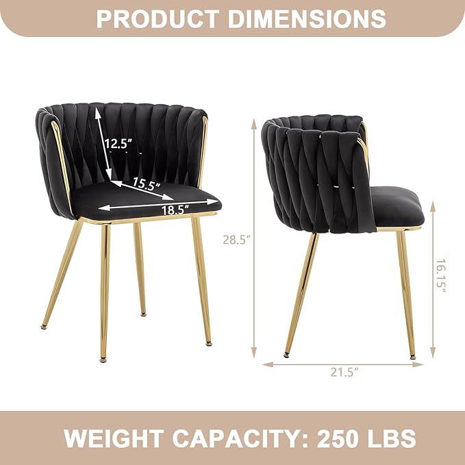 Kiztir Black Velvet Dining Chairs Set of 2, Upholstered Dining Room Chairs with Gold Metal Legs, Modern Dining Chairs with Woven Back for Living Room, Bedroom, Kitchen
