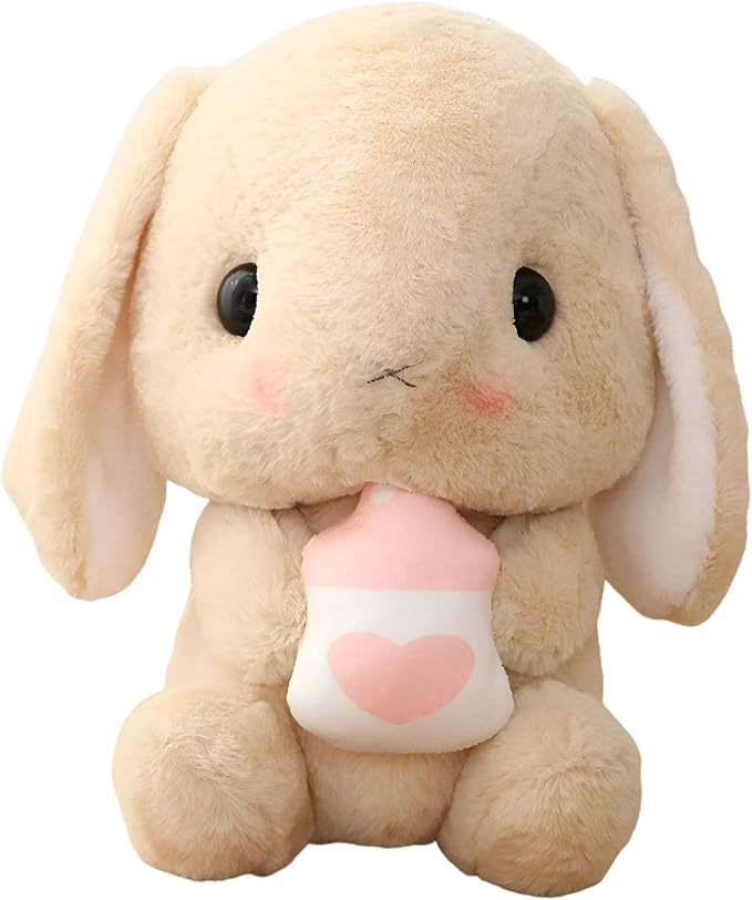 HOUPU Soft Toy - Sitting Lop Eared Rabbit, Easter White Rabbit Stuffed Bunny Animal with Carrot Soft Lovely Realistic Long-Eared Standing Pink Plush Toys (Brown-Milk Bottle,16.9in/43cm)