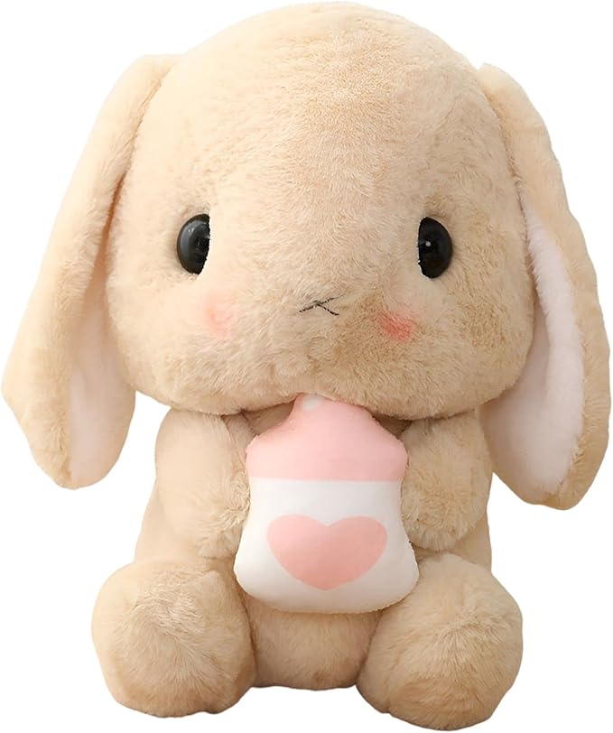 HOUPU Soft Toy - Sitting Lop Eared Rabbit, Easter White Rabbit Stuffed Bunny Animal with Carrot Soft Lovely Realistic Long-Eared Standing Pink Plush Toys (Brown-Milk Bottle,8.6in/22cm)