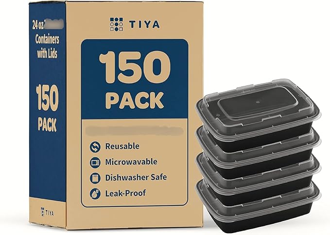 TIYA Food Containers - 16 oz Bulk 150 Pack with Lids - Rectangular Plastic To-Go Containers - Reusable, Microwavable, Dishwasher Safe - Leak-Proof for Meal Prep - BPA-Free