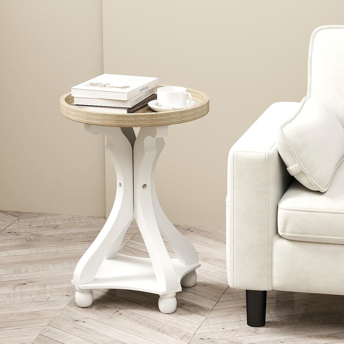 Accent Wood Farmhouse End Table, Round Side Tables, Nightstand Natural Tray Top and Distressed Carved Legs for Bedroom Living Room, White