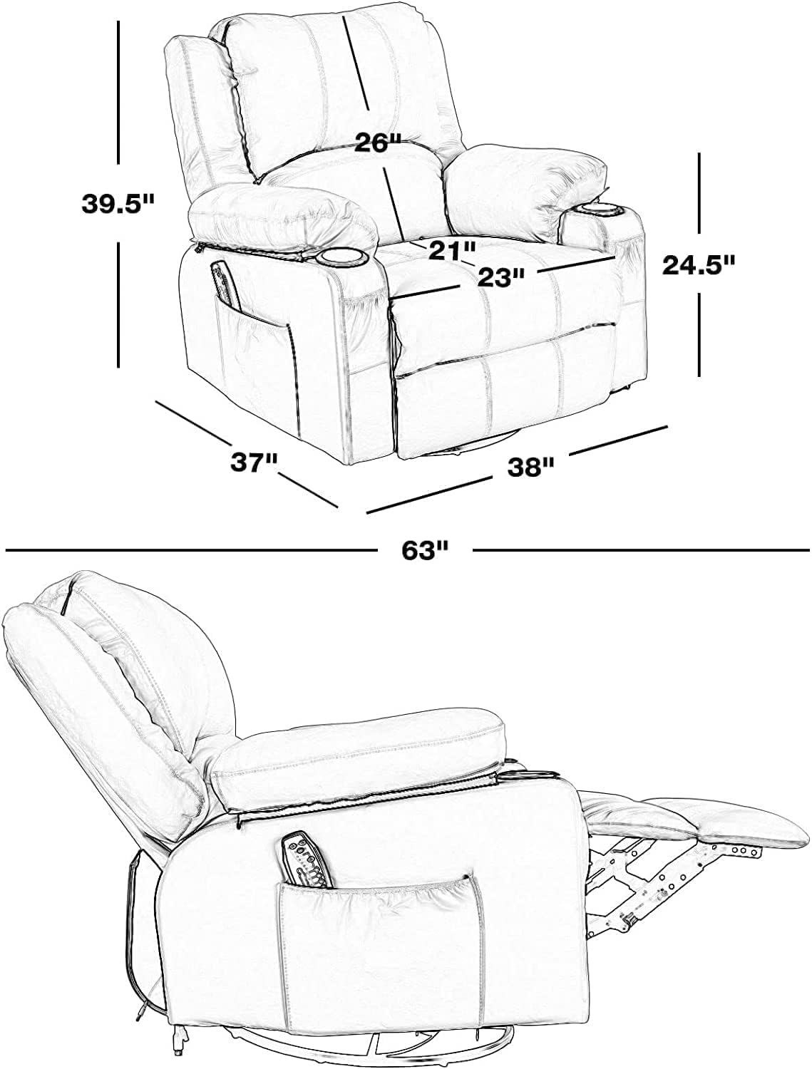KCREAM White Recliner Rocker Chairs with Heat,Massage Chair Recliner Oversized Leather Swivel Recliners for Living Room, Manual Reclining Lounge Chairs Overstuffed Single Sofa Chair for Adults