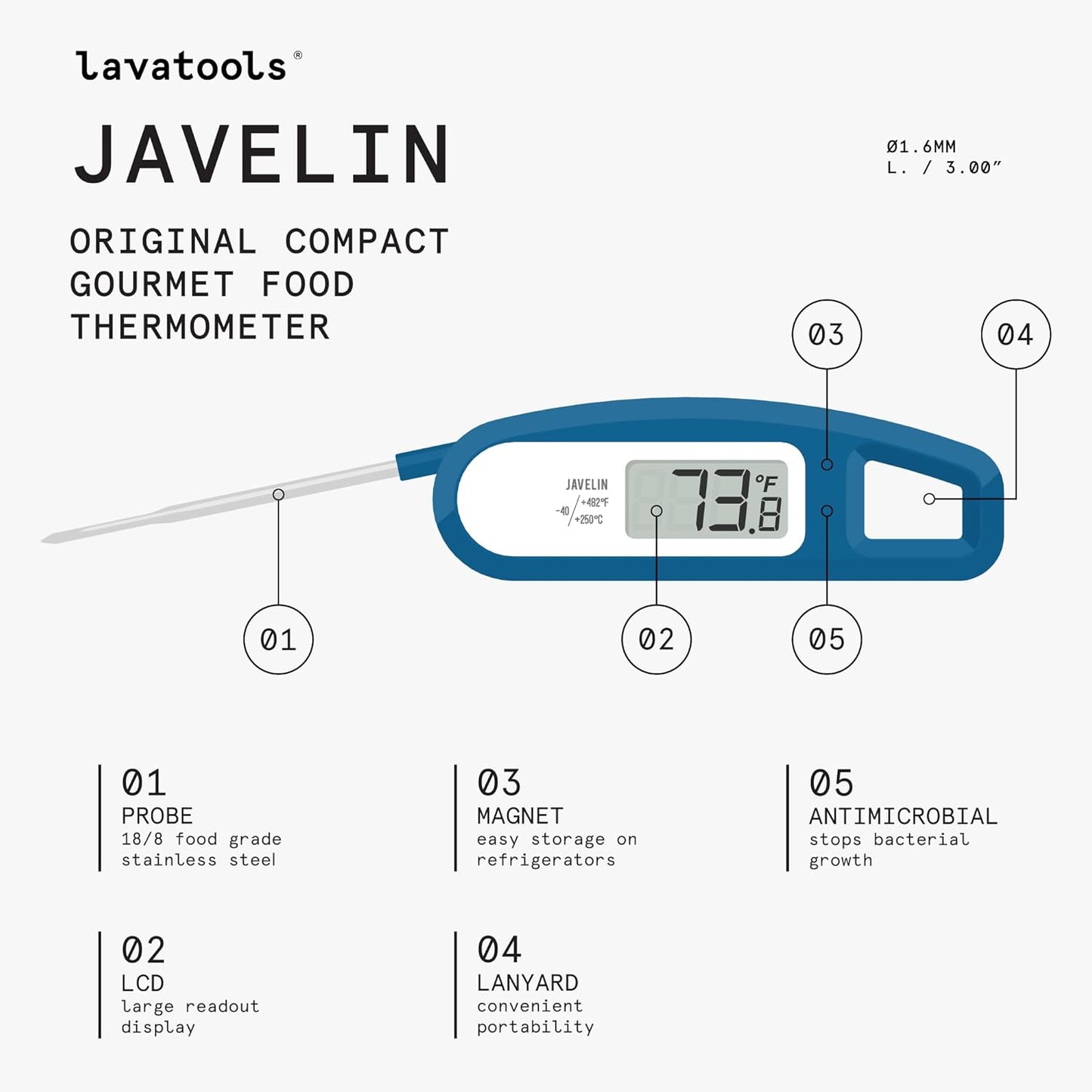 Lavatools Javelin® Ultra-Fast 3-Second Digital Instant Read Meat Thermometer for Grill and Cooking, 2.75" Probe, Compact Foldable Design, Large Display, IP65 Water Resistant, NSF Certified – Wasabi