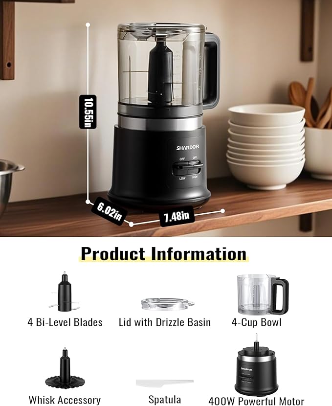 Food Chopper, 4 Cup Mini and Fast Food Processor, Electric Meat Grinder with 2 Speed, 4 Stainless Steel Blades, and Whisk, 400W Power for Chopping, Mixing, Emulsifying, Puree and Whisking, BPA-Free