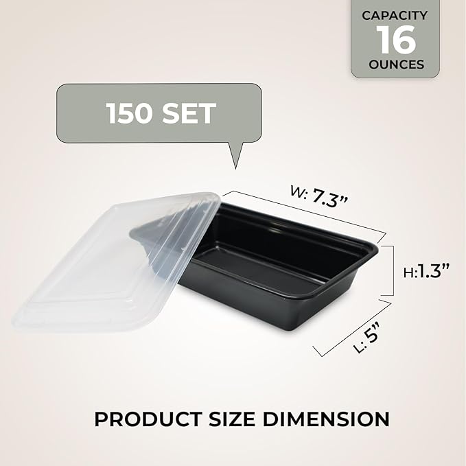 Klex 16 Oz, 150 Sets Meal Prep Containers with Airtight Lids, BPA Free, Reusable Plastic Food Container, 16 oz, Rectangular, Black/Clear, 150 Sets