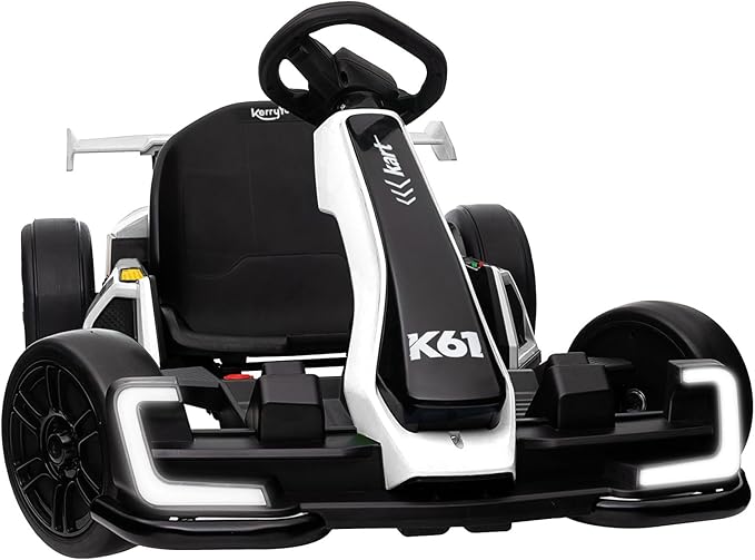 KerryYoo K61 Go Kart Electric Drift Kart with Length Adjustable Seat, 24V Outdoor Ride on Toy with 4 Speed Mode, Crazy Kart for Kids 6-12 Years Old, Fast 300W Motor, 8.5 MPH, Bluetooth - White