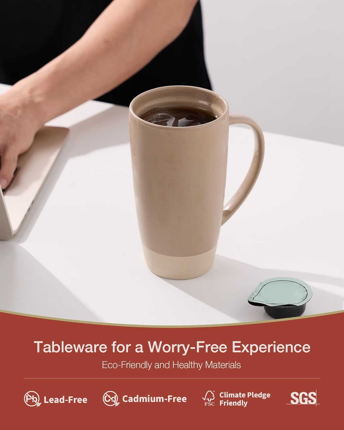 famiware Milkyway Coffee Mugs, 20oz Large Coffee Mug, Ceramic Mug Set of 2 with Lid, Cup Set with Handle for Latte, Tea, Cocoa, Milk, Home & Office, Cinnamon Brown and Dark Gray