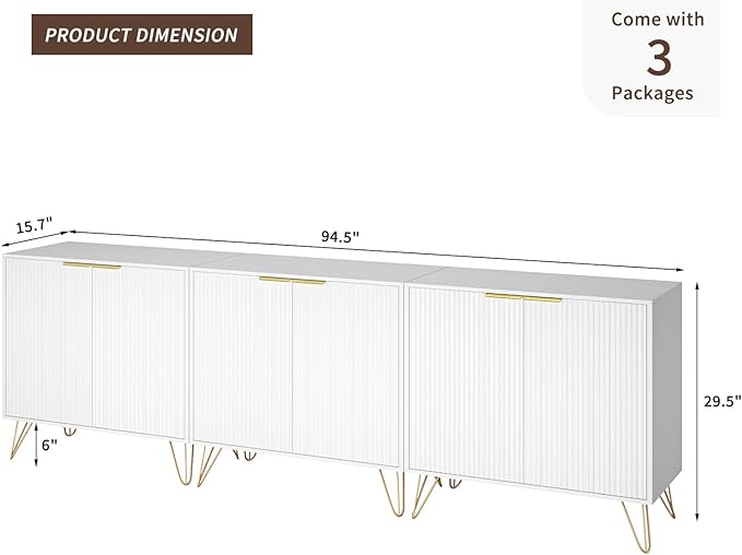 Fluted TV Stand for 90 Inch TV, Modern TV Stand Console, White Entertainment Center with 3 Storage Cabinets, Adjustable Shelves & Gold Handles, Wood Media Cabinet for Living Room