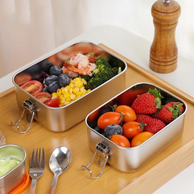 3-Pack 1200ml (40.6 oz) Stainless Steel Gold Color Bento Lunch Box Containers with Lids - Waterproof Metal Food Storage - Snack Prep Trays and Tiffin Carriers