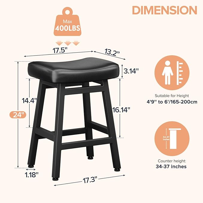 Counter Height Bar Stools Set of 3, 24 Inch Barstools for Kitchen Counter, Kitchen Stools with Bonded Leather Saddle Seats & Heavy Duty Metal Legs, Easy Assembly, All Black