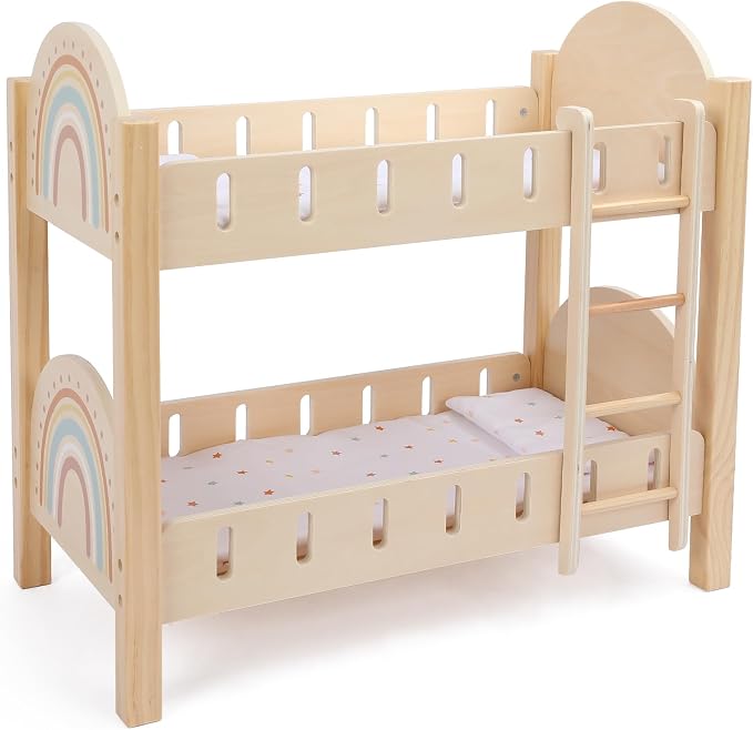 Freniland Wooden Doll Bunk Bed with Ladder & Bedding – Two-Level Doll Bed Includes 2 Mattresses & 2 Pillows, Pretend Play Furniture for 18 Inch Dolls