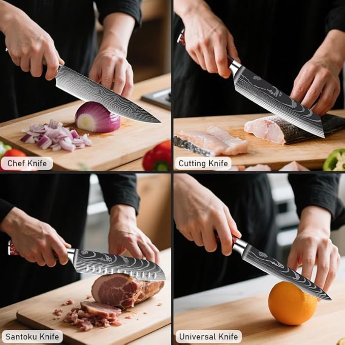 10-Piece Premium Japanese Kitchen Knife Set - Imperial Collection, Laser Damascus Pattern, 440A Stainless Steel Ultra Sharp for Fast Cutting (Black)