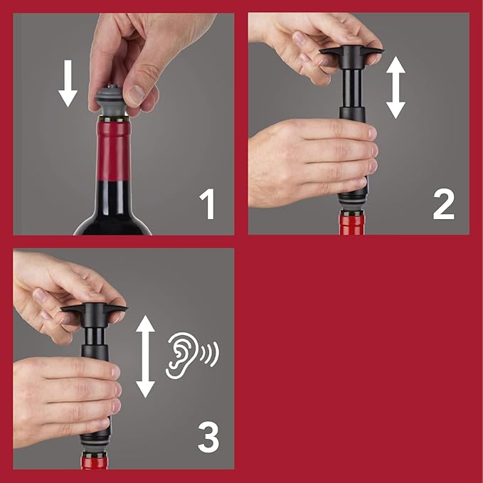 Vacu Vin Wine Saver Pump Gray with Vacuum Wine Stopper - Keep Your Wine Fresh for up to 10 Days - 1 Pump 8 Stoppers - Reusable - Made in the Netherlands