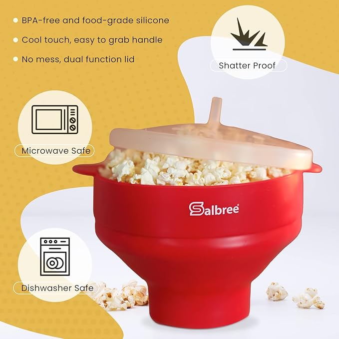 The Original Salbree Collapsible Silicone Microwave Popcorn Popper Maker Machine, Microwavable Bowl Holds 16 Cups, Uses Hot Air and Oil Always Optional - The Most Colors Available (Transparent)