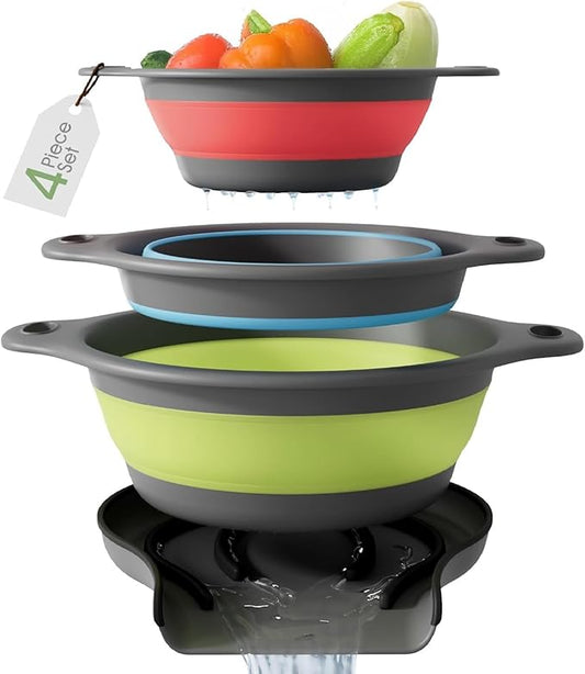 Collapsible Colanders with Self-Draining Base for Edge of Sink, Food Strainers (Small/Med/Large), Nested Design for Easy Storage (Red, Blue, Green) (4PC Set)