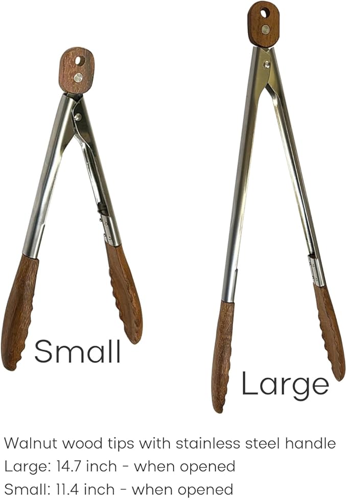 Lee's Clover Wooden Tongs for Cooking with Walnut Wood Tips & Stainless Steel Handle – Food & Kitchen Tongs for Serving, Salad, BBQ, Buffet, Grill (Small + Large)