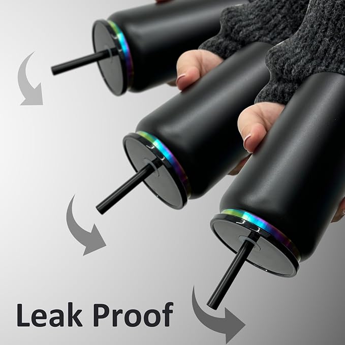 8 Pack Glass Cups with Lids and Straws, 16 oz Stainless Steel Cups, Insulated Skinny Tumbler, Powder Coated Travel Tumblers for Laser Engrave, Iced Coffee Cup for Smoothie Water DIY Gift(Black,8 pack)