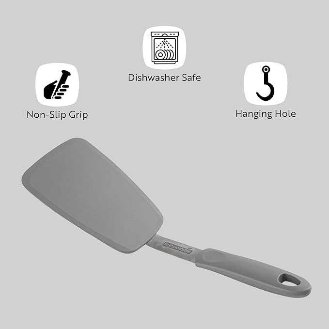 Comfy Grip 12 x 3 Inch Silicone Turner,1 Durable Cooking Turner - Stainless Steel Body,Rubber Handle With Hole, Turquoise Silicone Flipper Spatula, Tolerates Up To 446F,Dishwashable -Restaurantware