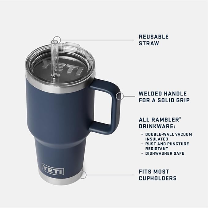 YETI Rambler 35 oz Straw Mug 2.0 - Double-Wall Vacuum Insulation for Cold Beverages – Dishwasher Safe – Cupholder Compatible – Reusable Straw – Comfortable Grip Handle – Travel Mug - Navy