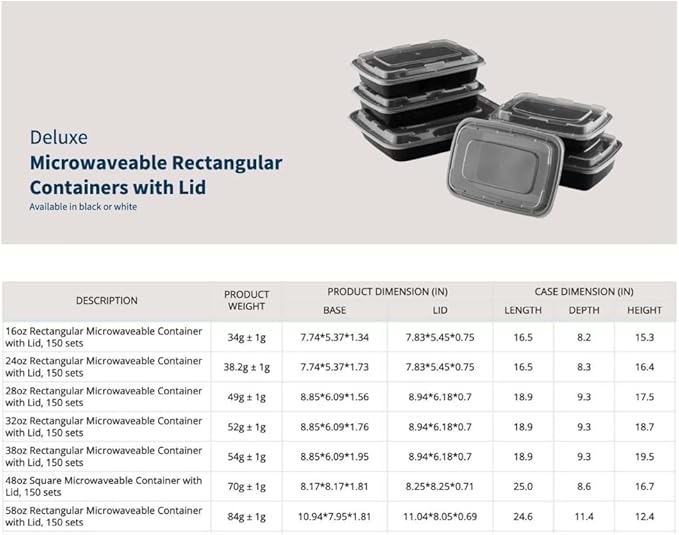 TIYA Food Containers - 58 oz Bulk 150 Pack with Lids - Rectangular Plastic To-Go Containers - Reusable, Microwavable, Dishwasher Safe - Leak-Proof for Meal Prep - BPA-Free