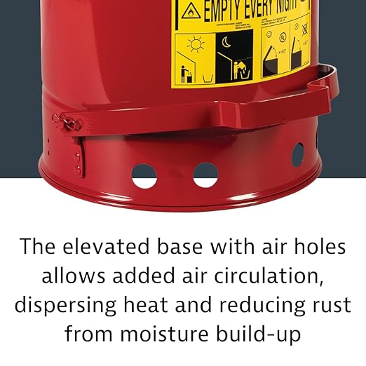 Justrite 10 Gallon Galvanized Steel Oily Waste Can, 18" x 14" Metal Oil Rag Safety Can With Foot Operated Self-Closing Lid for Oil Rag Disposal, Made in the USA, Red, 09300