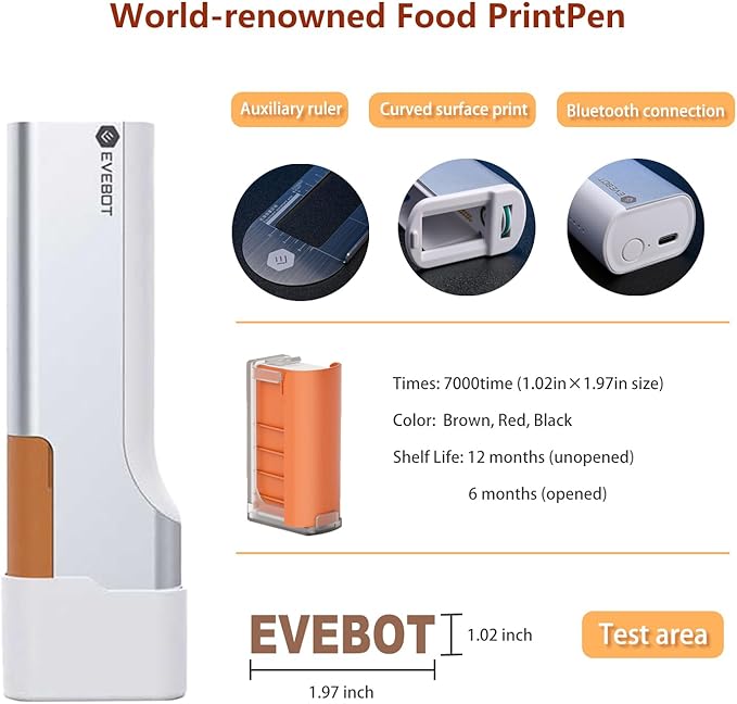 EVEBOT Handheld Food PrintPen, Portable Mini Latte Art & Dessert Decorator for Coffee, Macarons, Cookies - Bluetooth 4.2, Matcha