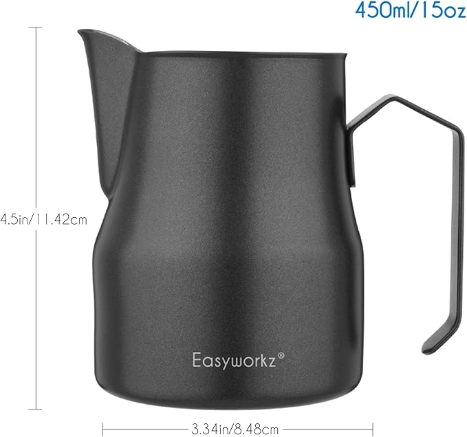 Easyworkz Stainless Steel Espresso Cup 2pcs Set Double Wall 2.5 oz, Bundled Espresso Steaming Pitcher Stainless Steel 15 oz Coffee Frothing Picther Milk Jug Cappuccino Latte Art Cup
