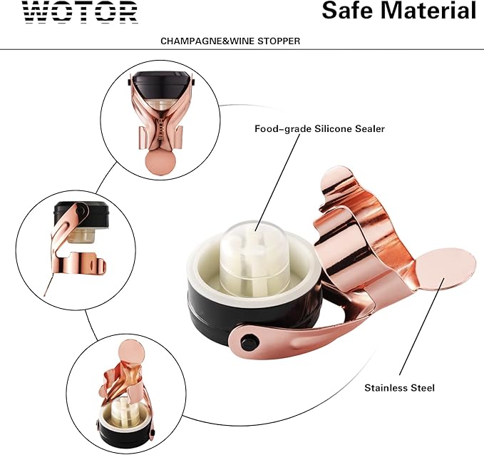 WOTOR Champagne&Wine Bottle Stoppers Stainless Steel with Food Grade Silicone, Leak Proof Keep Fresh Reusable Saver, Cork Suitable for Wine, Champagne, Cava, Prosecco and Sparkling (2 Pack Rosegold）