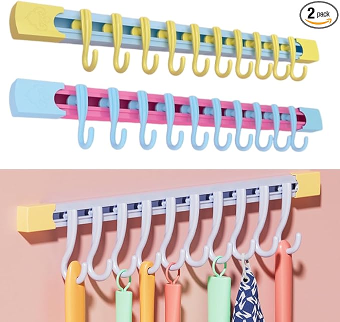 Utility Slide Rail Hook,Under Cabinet Kitchen No Punching Hooks for Hanging Utensil,Bathroom Bedroom Office Wall Door Rack with 10 Hooks,2Pieces