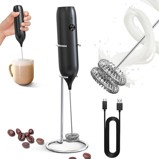 CIRCLE JOY Rechargeable Milk Frother Handheld with Stand, Double Coil Whisk Coffee Frother Wand Drink Mixer for Coffee, Cappuccino, Lattes, Frappe, Matcha and Hot Chocolate, Black