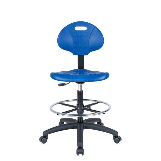 Chair Master Drafting Stool Blue- Easy to Clean! Quick Ship. Ergonomic Polyurethane Chair. Seat Height Adjustable (23"-33") Heavy Duty Adjustable Footring for Home, Automotive, Lab, Cleanroom (Blue)
