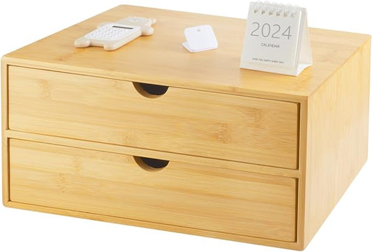 Charmewooden Bamboo Desk Organizer with Drawers, Countertop Organizer with Drawers Makeup Storage Drawer 2 Drawers Tabletop Storage Organization Box Home Office Workspace Bathroom Toiletries Supplies