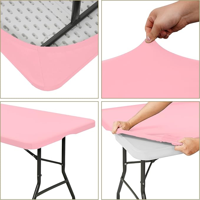 6 Pack Fitted Tablecloth for 8 Foot Rectangle Tables, Pink Elastic Outdoor Picnic Table Cover, Washable Stretch Folding Table Cloths 8 ft for Camping Party Patio Kitchen Banquet, 30" W x 96" L